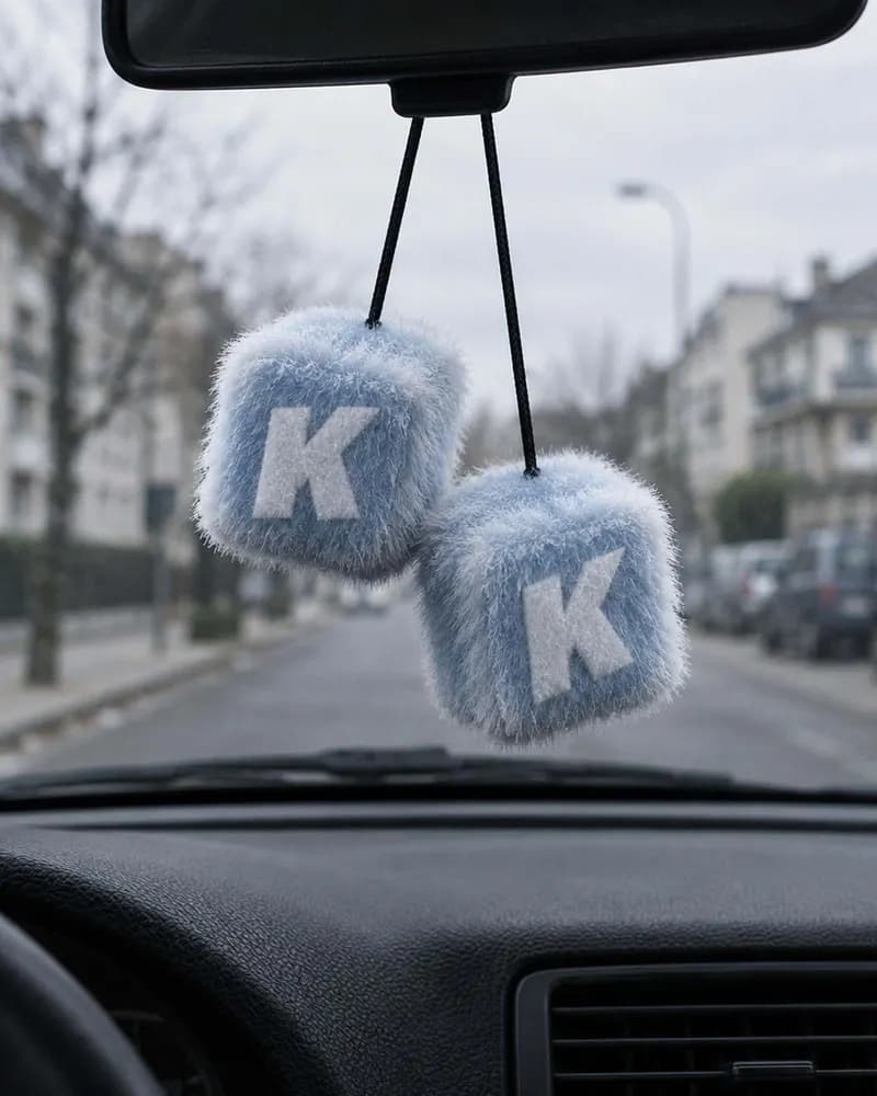 Deux glaçons en peluche suspendus à un rétroviseur